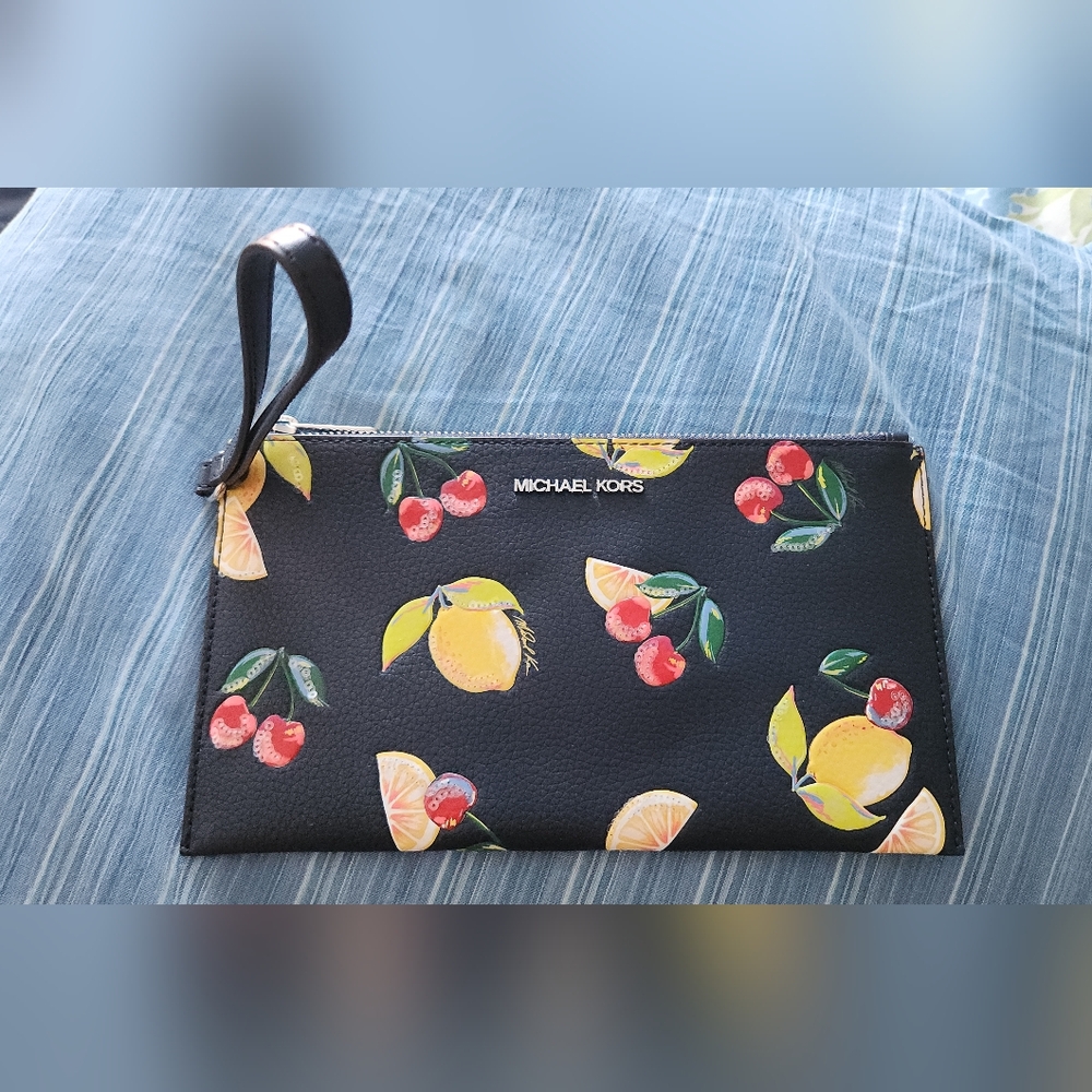 Michael Kors Jet Set Navy Blue Wristlet with Lemon and Cherry Print